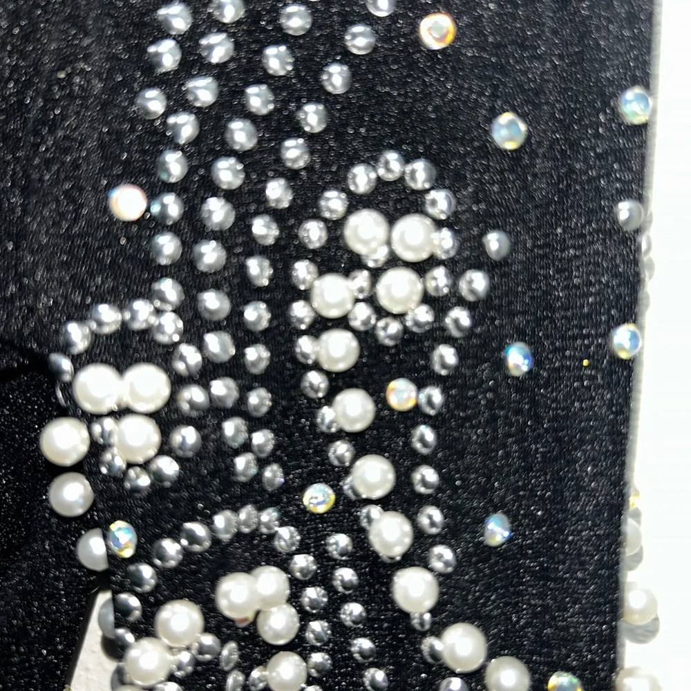 Small Chic Black mesh sheer pearls S Embellished Bodysuit - Picture 10 of 11